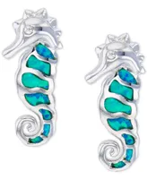 Lab-Grown Blue Opal Seahorse Stud Earrings in Sterling Silver