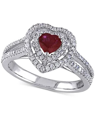 Ruby (3/5 ct. t.w.) & Diamond (3/8 Heart Double Halo Ring 14k White Gold
