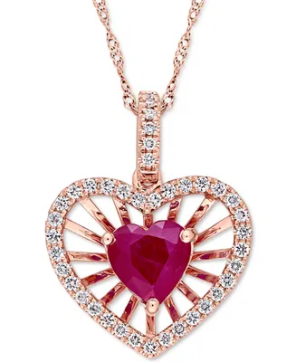 Ruby (1 ct. t.w.) & Diamond (1/4 ct. t.w.) Heart Spoke 17" Pendant Necklace in 14k Rose Gold
