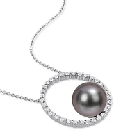 Black Cultured Tahitian Pearl (9-1/2mm) Circle 17" Pendant Necklace in 10k White Gold