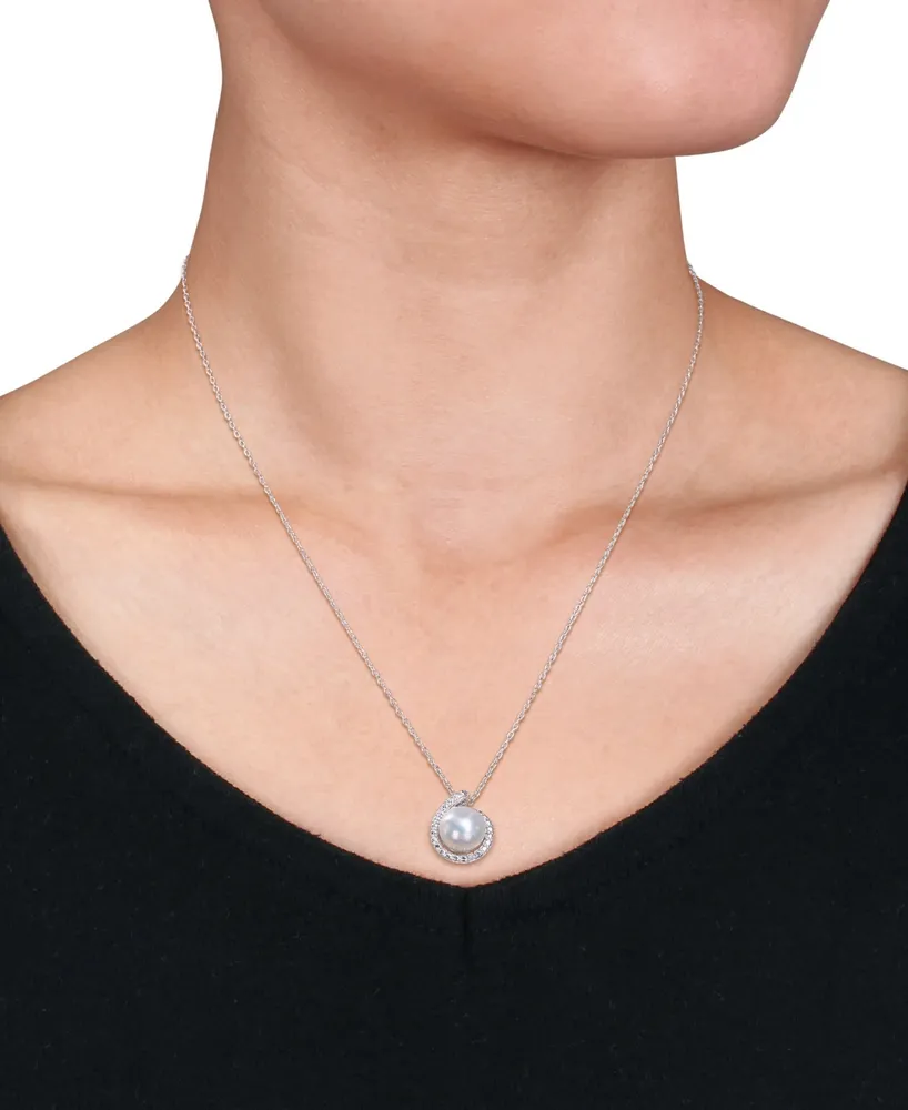 Cultured Freshwater Pearl (8mm) & Diamond Accent Halo 18" Pendant Necklace in Sterling Silver