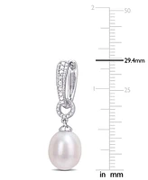 Cultured Freshwater Pearl (8mm) & Diamond Accent Dangle Hoop Drop Earrings in Sterling Silver