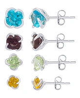 Multi-Color Round Stud Silver Plate Earrings, Set of 4