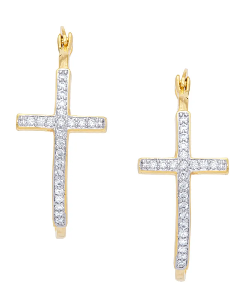 Cubic Zirconia Cross Hoop Gold Plate Earrings