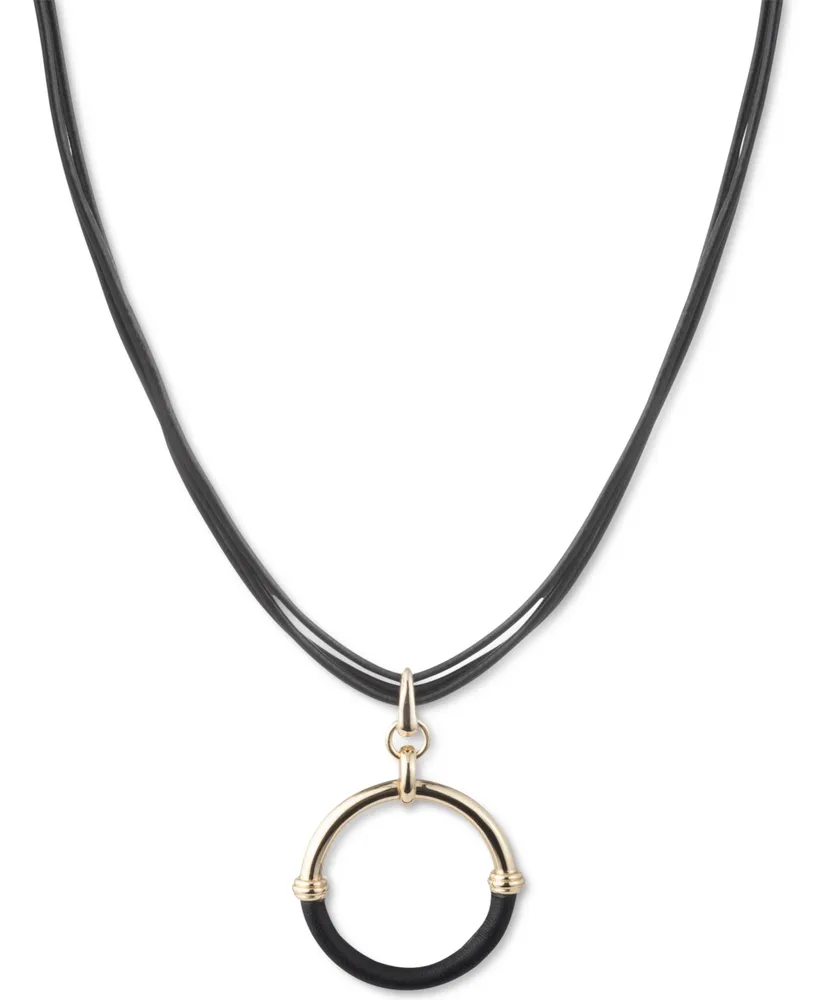 Lauren Ralph Lauren Gold-Tone & Leather Ring Triple-Cord Pendant Necklace, 16" + 3" extender