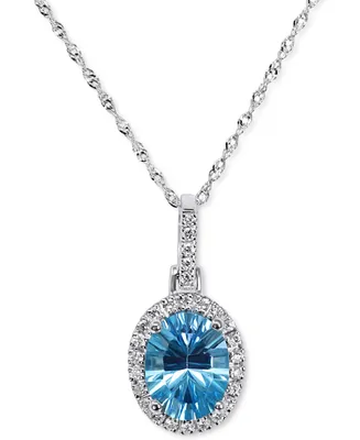 Blue Topaz (2-1/5 ct. t.w.) & Diamond (1/6 ct. t.w.) Oval Halo Pendant Necklace in 14k White Gold, 16" + 2" extender