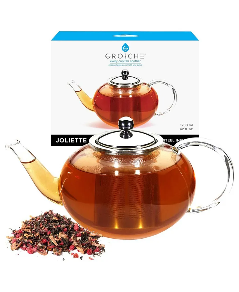 Grosche Joliette Hand Blown Glass Teapot with Stainless Steel Infuser, 42 fl oz Capacity