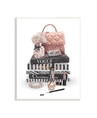 Stupell Industries Fashion Bookstack Purse Perfume Pink Glam Design Wall Plaque Art Collection