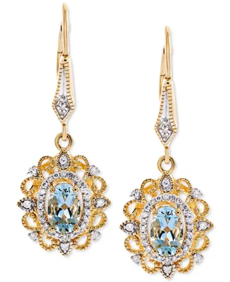 Aquamarine (3/4 ct. t.w.) & Diamond (1/8 ct. t.w.) Halo Drop Earrings in 14k Gold-Plated Sterling Silver