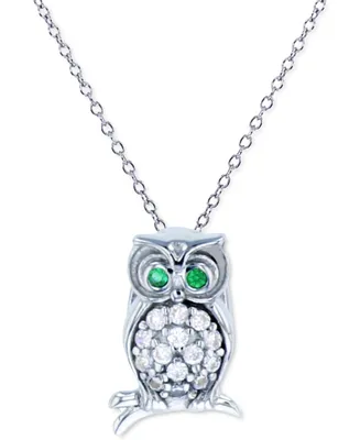 Cubic Zirconia Owl 18" Pendant Necklace in Sterling Silver