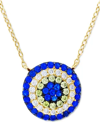 Lab-Grown Blue Spinel (3/4 ct. t.w.) Cubic Zirconia Evil Eye 18" Pendant Necklace in 14k Gold-Plated Sterling Silver