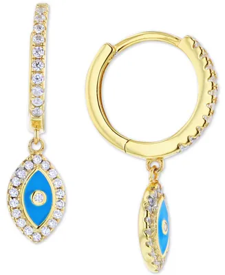 Cubic Zirconia & Blue Enamel Evil Eye Dangle Hoop Earrings in 14k Gold-Plated Sterling Silver
