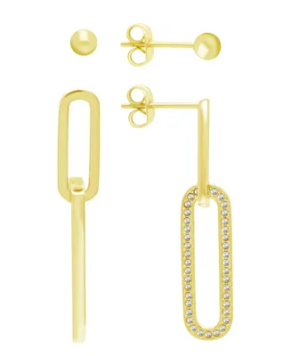 And Now This High Polished Ball Stud and Post Paper Clip Clear Crystal Drop Earring Set, Gold Plate - Gold