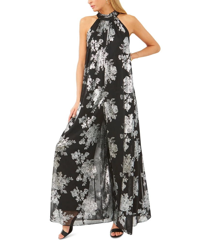 Msk Metallic Floral-Print Halter Wide-Leg Jumpsuit