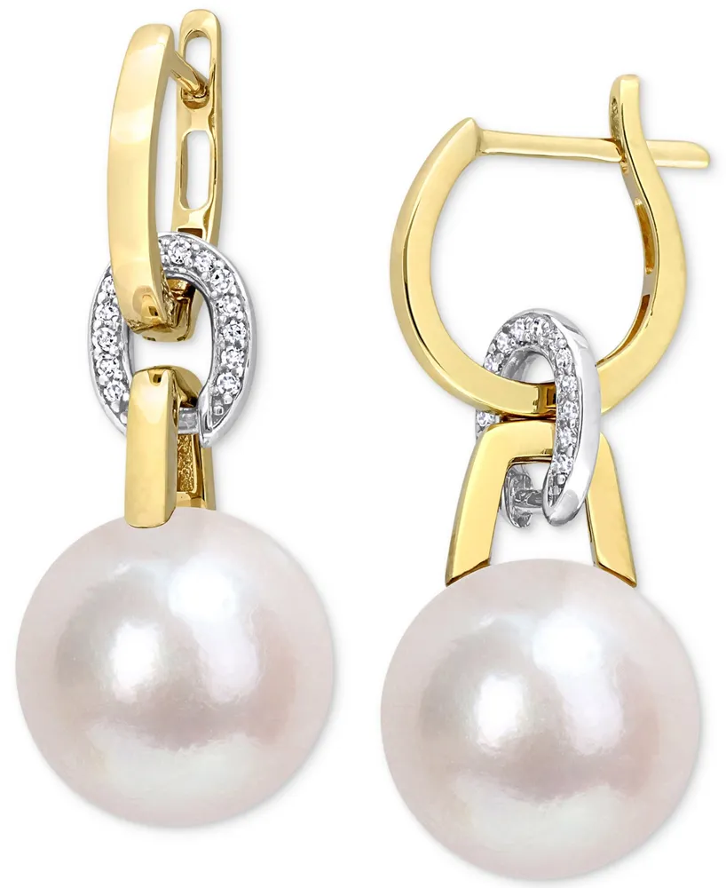 Cultured South Sea Pearl (11mm) & Diamond (1/10 ct. t.w.) Linked Huggie Hoop Earrings in 14k Gold & White Gold - Two