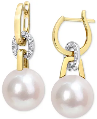 Cultured South Sea Pearl (11mm) & Diamond (1/10 ct. t.w.) Linked Huggie Hoop Earrings in 14k Gold & White Gold - Two