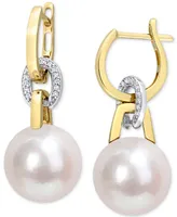 Cultured South Sea Pearl (11mm) & Diamond (1/10 ct. t.w.) Linked Huggie Hoop Earrings in 14k Gold & White Gold - Two