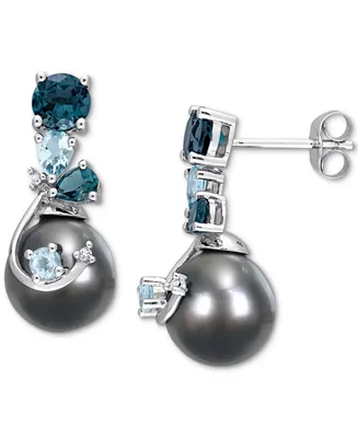 Cultured Tahitian Pearl (9mm) & Blue Topaz (2 ct. t.w.), & Diamond Accent Drop Earrings in 14k White Gold