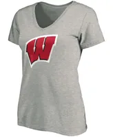 Women's Heathered Gray Wisconsin Badgers Primary Logo V-Neck T-shirt