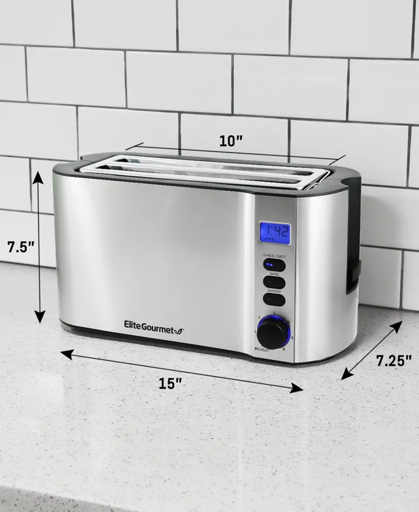 Elite Gourmet 4-Slice Long Slot Digital Countdown Toaster, 6 Toast Settings, Slide Out Crumb Tray, Extra Wide 1.5" Slots for Bagels