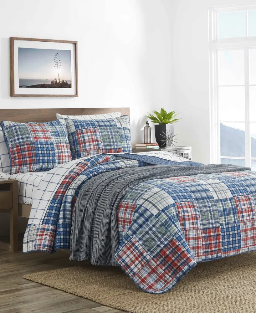 Nautica Raeford Blue Cotton Reversible 3 Piece Quilt Set