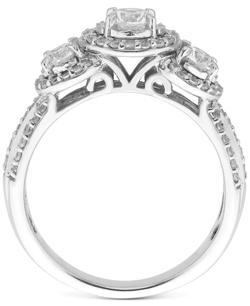 Diamond Three Stone Halo Ring (1 ct. t.w.) in 14k White Gold
