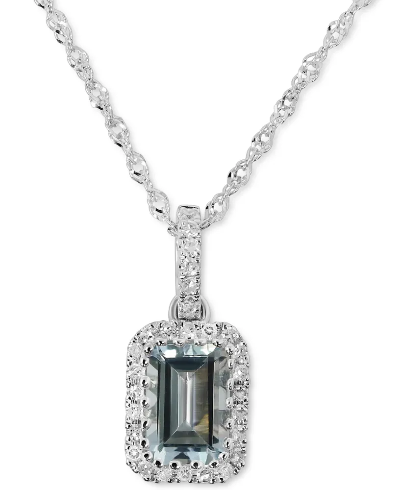 Aquamarine (1/2 ct. t.w.) & Diamond (1/10 ct. t.w.) Rectangle Pendant Necklace in 14k White Gold, 16" + 2" extender