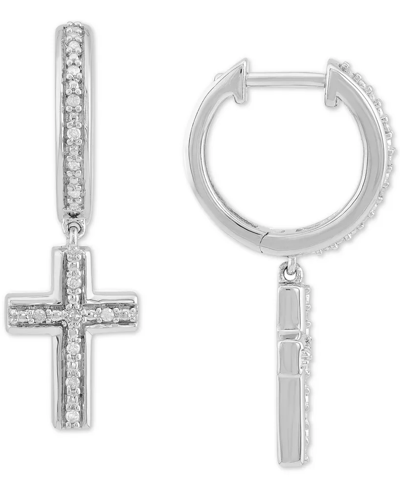 Diamond Cross Dangle Hoop Earrings (1/10 ct. t.w.) in Sterling Silver