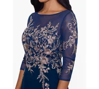 Betsy & Adam Embroidered 3/4-Sleeve Gown