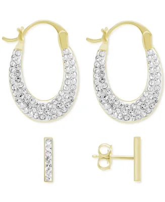 Crystal Bar Stud Pave Oval Hoop Duo Earring Set, Gold Plate and Silver