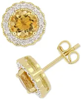 Citrine (1-1/2 ct. t.w.) & Diamond (1/10 ct. t.w.) Halo Stud Earrings in 18k Gold-Plated Sterling Silver