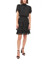 Msk Printed Tiered Smocked-Waist Flutter-Sleeve Dress