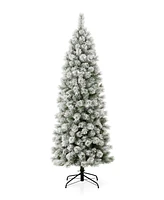 Glitzhome Pre-Lit Flocked Pencil Pine Artificial Christmas Tree with 350 Warm White Lights, 7.5'