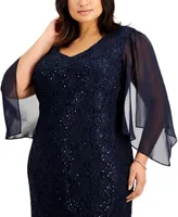 Connected Plus Sheer-Sleeve Lace Gown