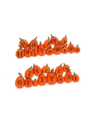 Gerson International 13.78" Long Pumpkins Perched Askew Spelling Out Halloween Messages Holiday Decor Set, 2 Pieces