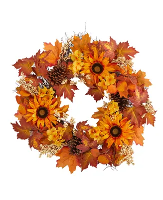 28" Autumn Maple Leaves, Sunflower, White Berries and Pinecones Artificial Fall Wreath