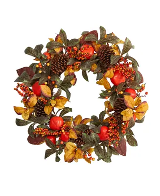 26" Autumn Persimmon and Pinecones Artificial Fall Wreath