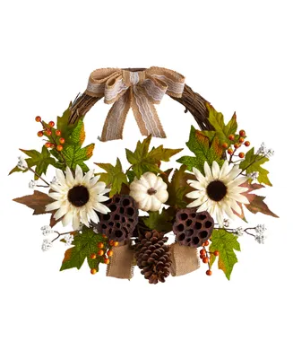 20" Autumn Sunflower, White Pumpkin and Dried Lotus Pod Artificial Fall Wreath with Decorative Bow