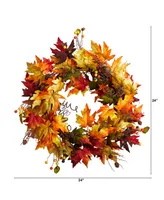 24" Autumn Maple Leaf and Berries Artificial Fall Wreath with Twig Base