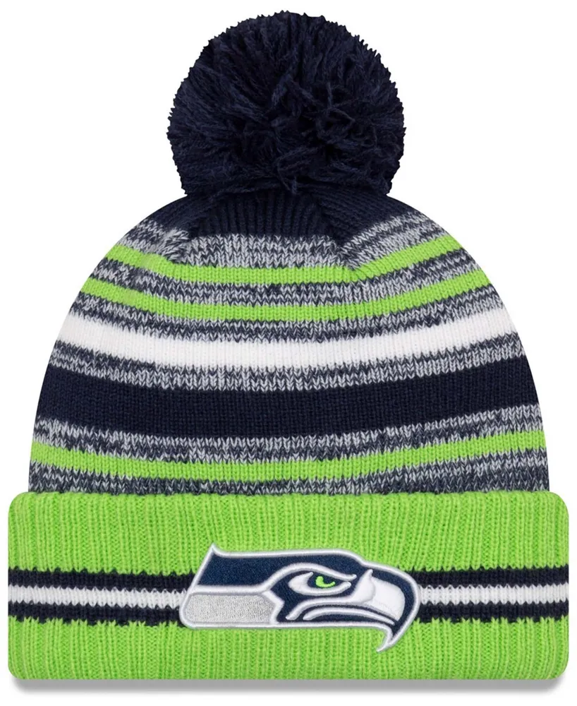 New Era Big Boys and Girls Navy, Neon Green Seattle Seahawks 2021 Sideline Sport Pom Cuffed Knit Hat