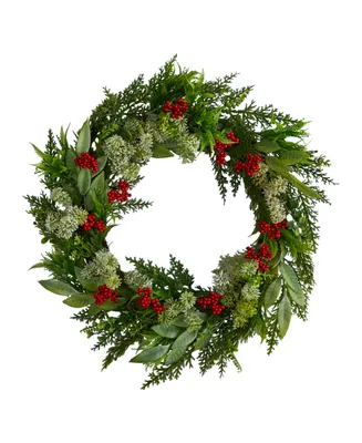 Cedar, Eucalyptus and Berries Artificial Christmas Wreath, 24"