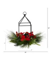 Christmas Poinsettia, Berry and Pinecone Metal Candle Holder Christmas Artificial Table Arrangement, 14"