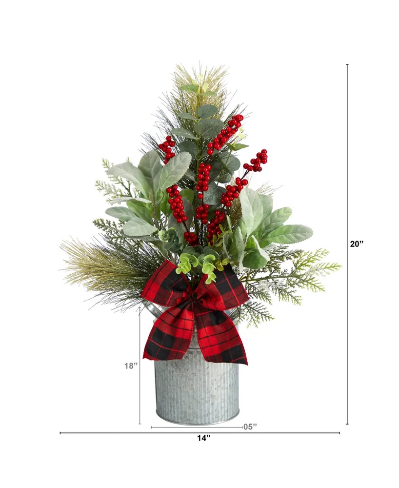 Holiday Winter Greenery, Pinecone and Berries with Buffalo Plaid Bow Artificial Christmas Table Arrangement, 20"