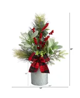 Holiday Winter Greenery, Pinecone and Berries with Buffalo Plaid Bow Artificial Christmas Table Arrangement, 20"