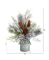 Holiday Winter Greenery with Pinecones and Gingham Plaid Bow Table Artificial Christmas Arrangement, 20"