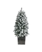 Flocked Highland Fir Artificial Christmas Tree with 127 Bendable Branches and 20 Led Globe Lights in Decorative Planter, 3'