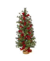 Berry and Pine Artificial Christmas Tree with 50 Warm Lights and Burlap Wrapped Base, 3'