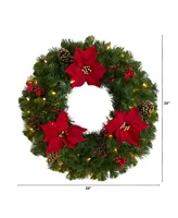 Poinsettia, Berry and Pinecone Artificial Wreath with 50 Warm Led Lights, 24"