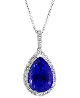 Effy Tanzanite (6 ct. t.w.) & Diamond (3/8 ct. t.w.) Halo 16" Pendant Necklace in 14k White Gold