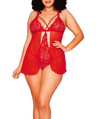 Stella Plus Galloon Lace and Mesh Soft Cup Babydoll with Connected Bodysuit Inside Flyaway Front
